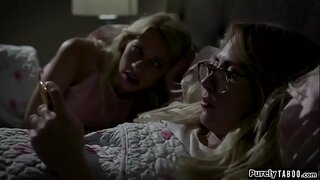 Blonde teen has a s.over at her bff.When they go to s. she awakes in her bffs parents bed.They comfort her and she gets turned on.The dad eats her pussy n she wants to grab his cock and suck it.He the fucks her doggystyle with his wife watching
